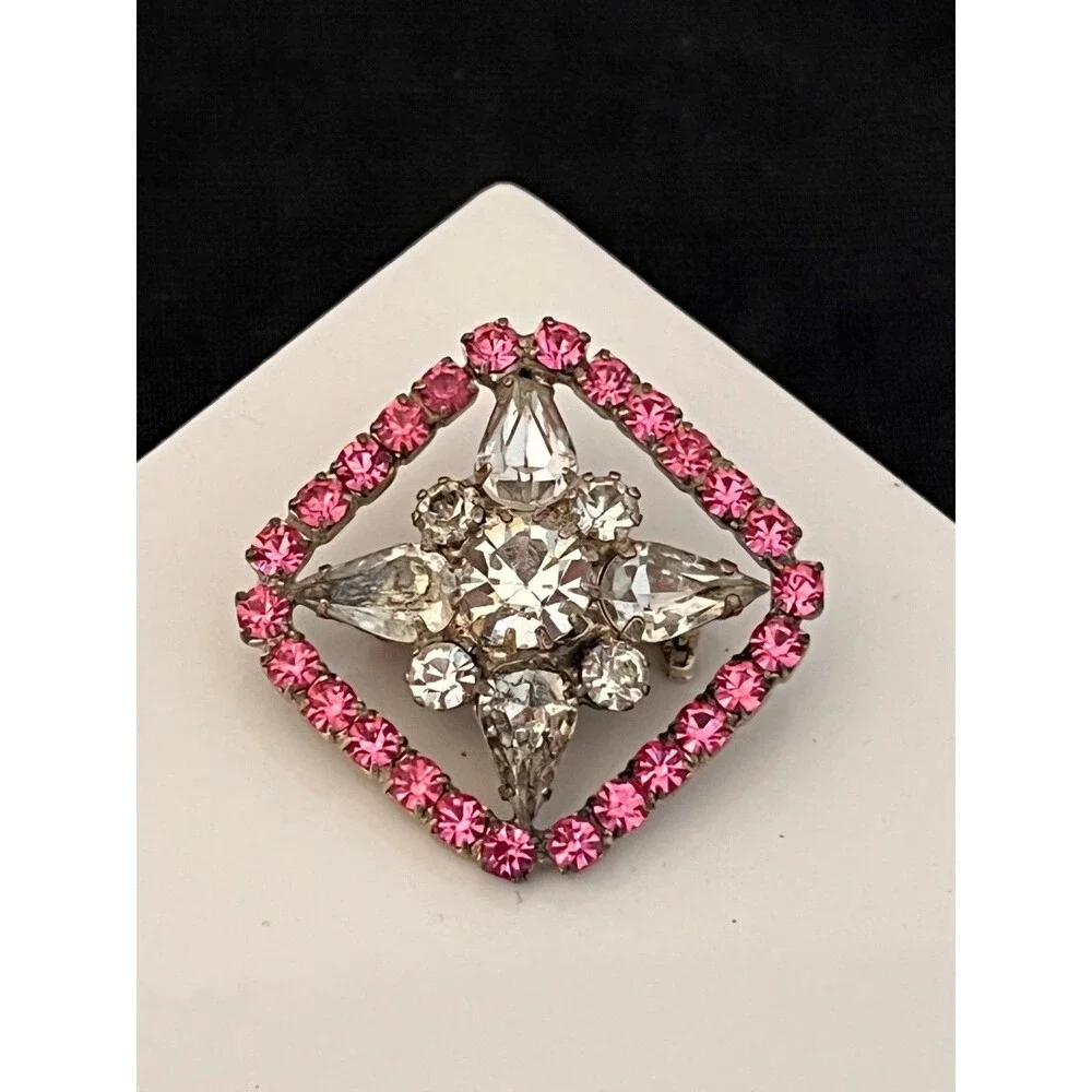 Vintage 1950s Pink Clear Rhinestone Brooch Geometric Silver Tone - 1I